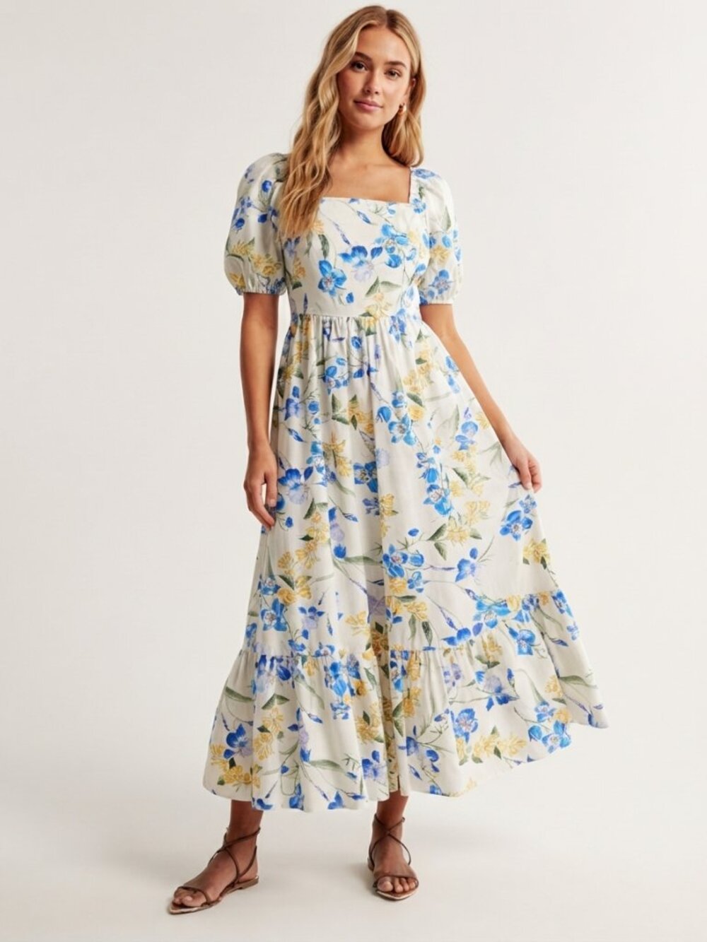 Express Floral Square Neck Puff Sleeve Tiered Poplin Maxi Dress M 40051